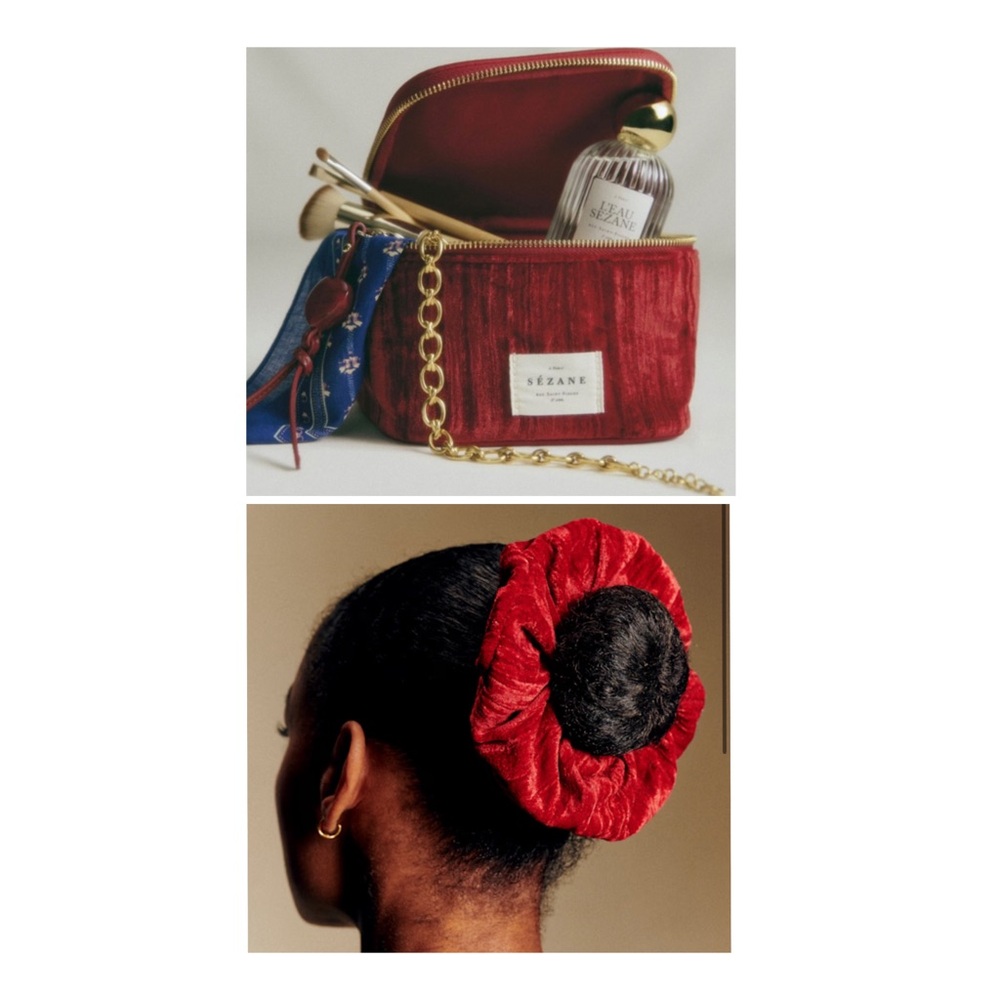 Sézane Red Velvet Vanity Case and Scrunchie